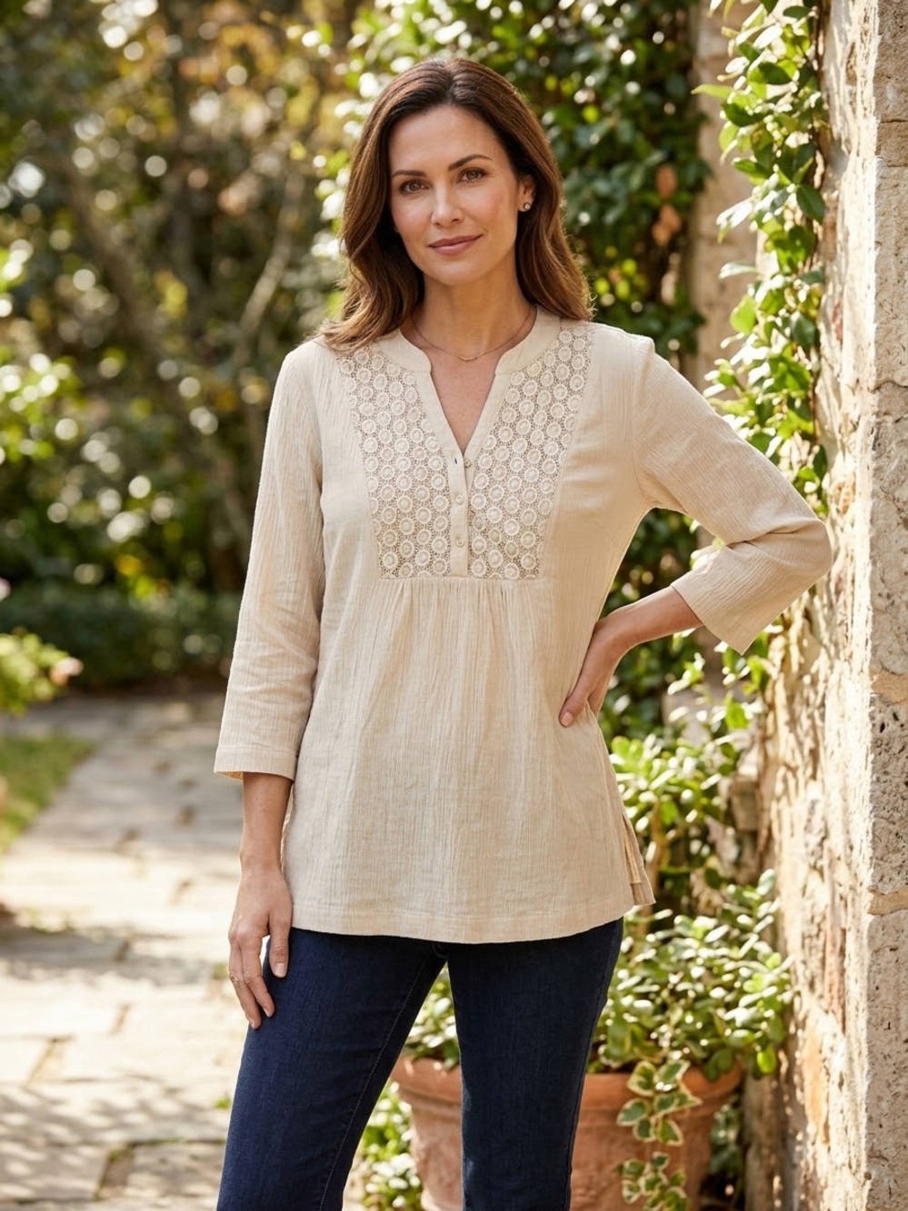 NWT Women’s Charter Club Beige Crochet Trim Peasant Top XL 100% Cotton